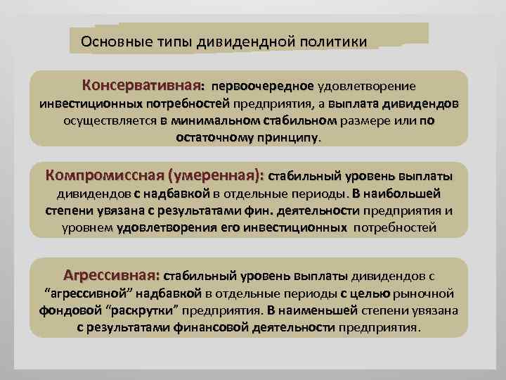 Основные типы дивидендной политики Консервативная: первоочередное удовлетворение инвестиционных потребностей предприятия, а выплата дивидендов осуществляется