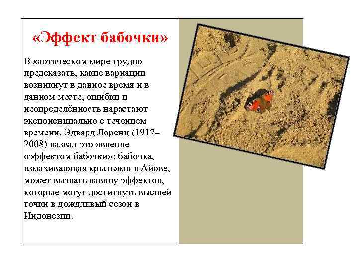  «Эффект бабочки» В хаотическом мире трудно предсказать, какие вариации возникнут в данное время