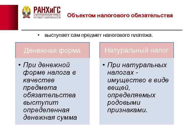 Объектом налогового обязательства • выступает сам предмет налогового платежа. Денежная форма • При денежной