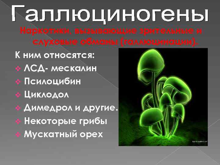 Наркотики, вызывающие зрительные и слуховые обманы (галлюцинации). К ним относятся: v ЛСД- мескалин v