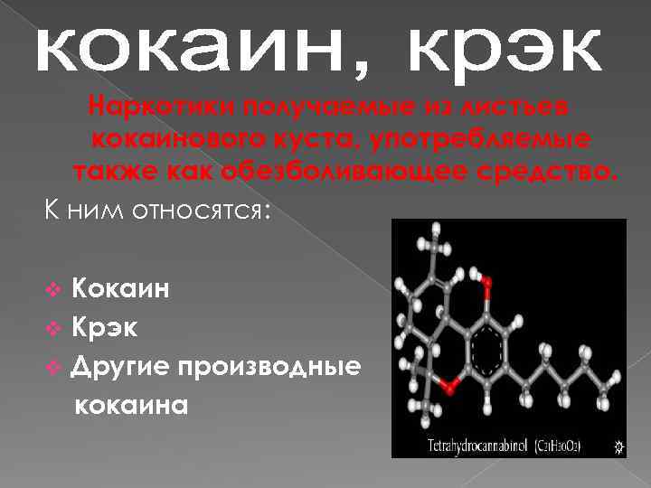 Наркотики получаемые из листьев кокаинового куста, употребляемые также как обезболивающее средство. К ним относятся: