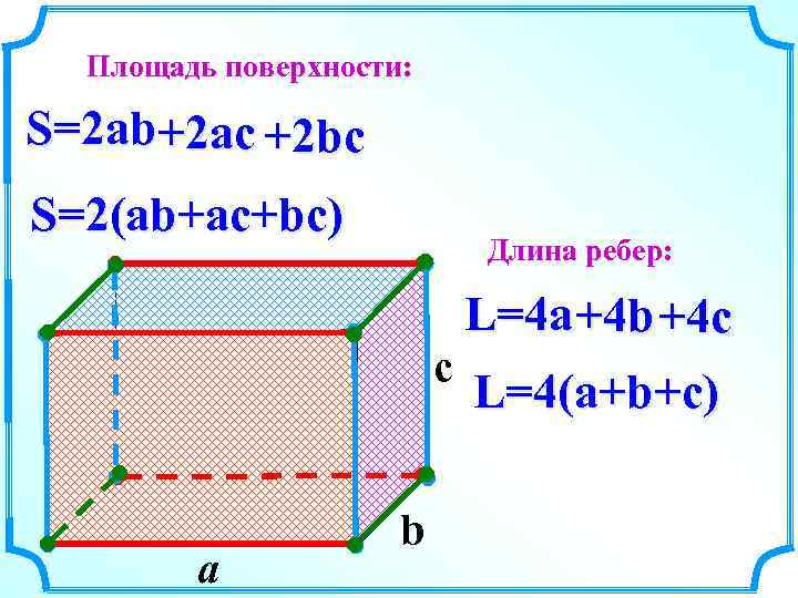 Площадь поверхности: S=2 ab+2 ac +2 bc S=2(ab+ac+bc) Длина ребер: c a b L=4