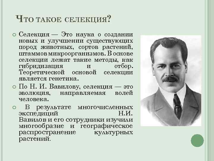 ЧТО ТАКОЕ СЕЛЕКЦИЯ? Селекция — Это наука о создании новых и улучшении существующих пород