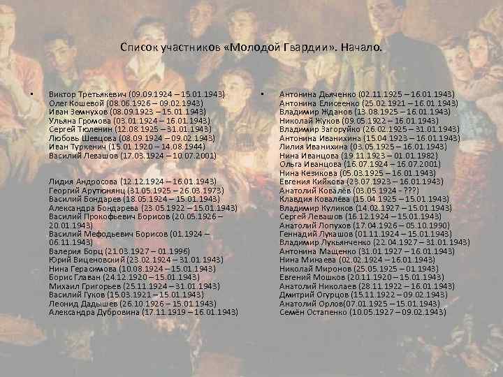Список участников «Молодой Гвардии» . Начало. • Виктор Третьякевич (09. 1924 – 15. 01.