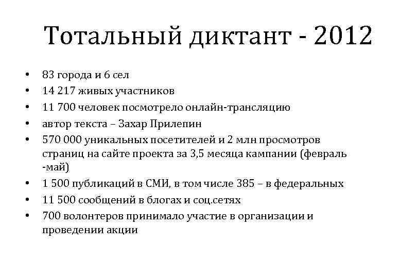 Тотальный диктант - 2012 • • 83 города и 6 сел 14 217 живых