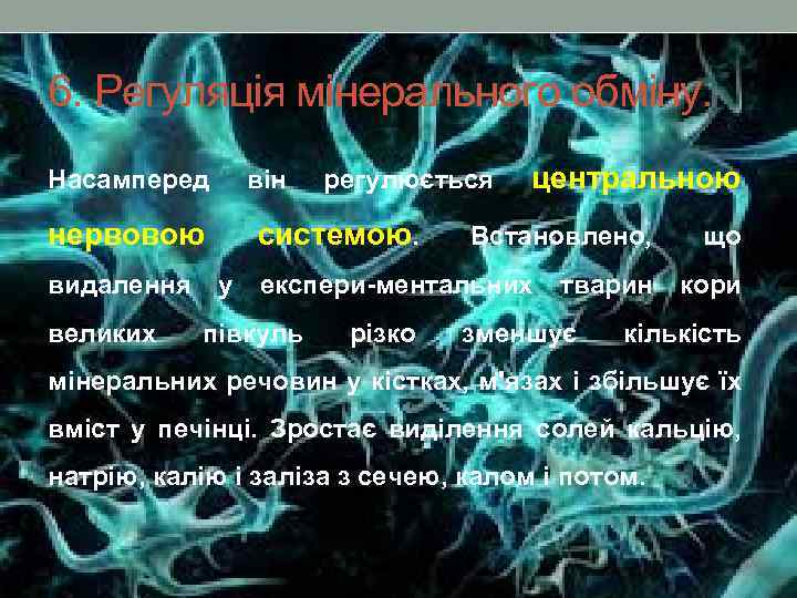 6. Регуляція мінерального обміну. Насамперед він нервовою видалення великих регулюється системою. у центральною Встановлено,