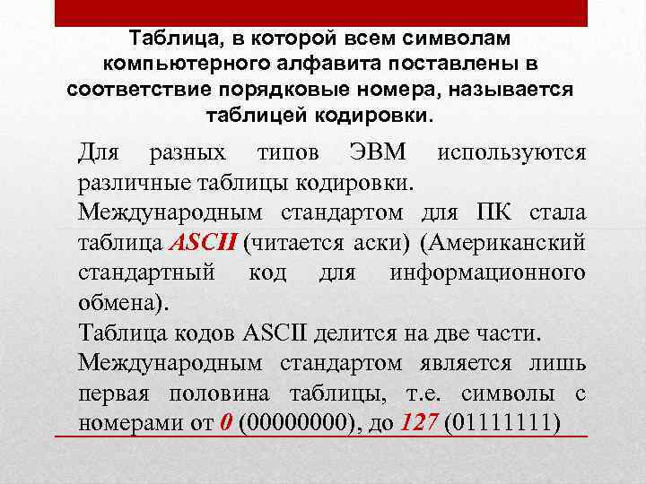 Таблица в которой всем символам компьютерного алфавита поставлены в соответствие порядковые номера