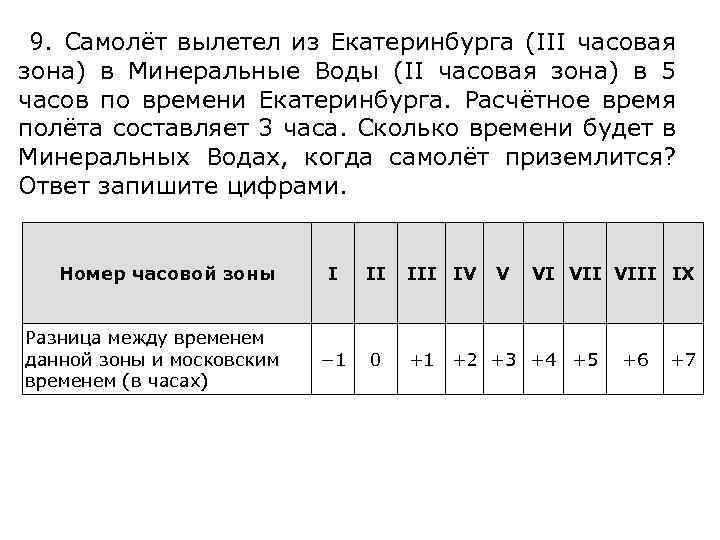  9. Самолёт вылетел из Екатеринбурга (III часовая зона) в Минеральные Воды (II часовая