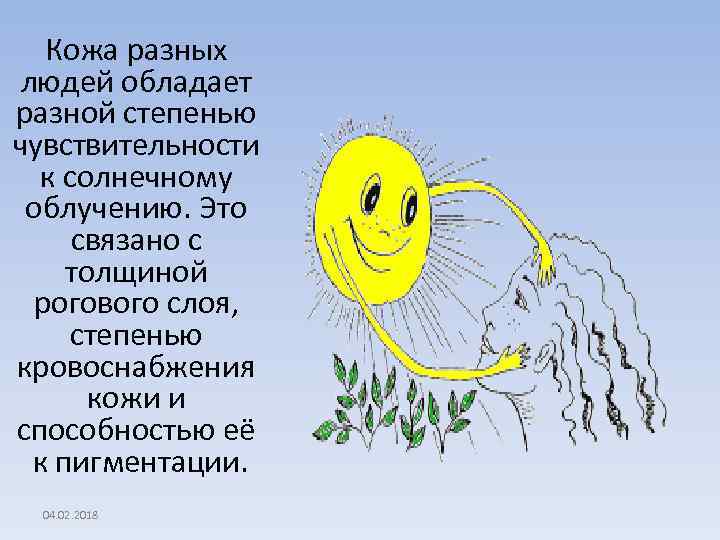  Кожа разных людей обладает разной степенью чувствительности к солнечному облучению. Это связано с