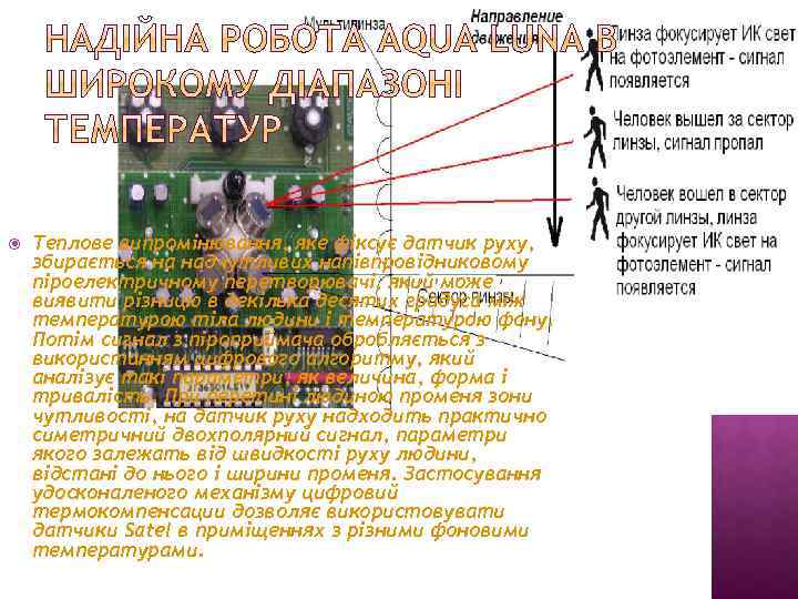  Теплове випромінювання, яке фіксує датчик руху, збирається на надчутливих напівпровідниковому піроелектричному перетворювачі, який