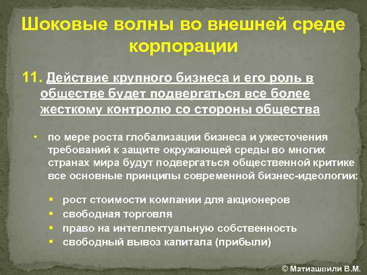 Шоковые волны во внешней среде корпорации 11. Действие крупного бизнеса и его роль в