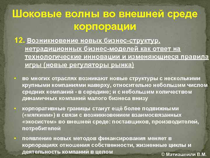 Шоковые волны во внешней среде корпорации 12. Возникновение новых бизнес-структур, нетрадиционных бизнес-моделей как ответ