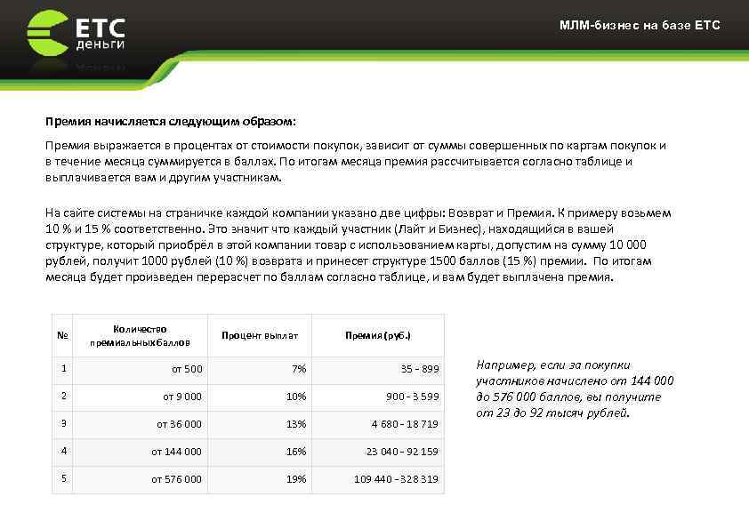 МЛМ-бизнес на базе ЕТС Премия начисляется следующим образом: Премия выражается в процентах от стоимости