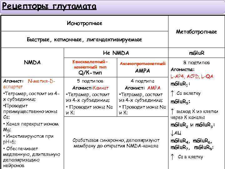 Рецепторы глутамата Ионотропные Метаботропные Быстрые, катионные, лигандактивируемые Не NMDA Kвисквалатныйкаинатный тип Q/К-тип Агонист: N-метил-Dаспартат