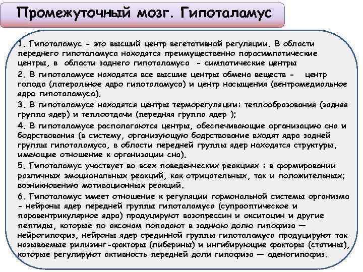 Промежуточный мозг. Гипоталамус 1. Гипоталамус - это высший центр вегетативной регуляции. В области переднего