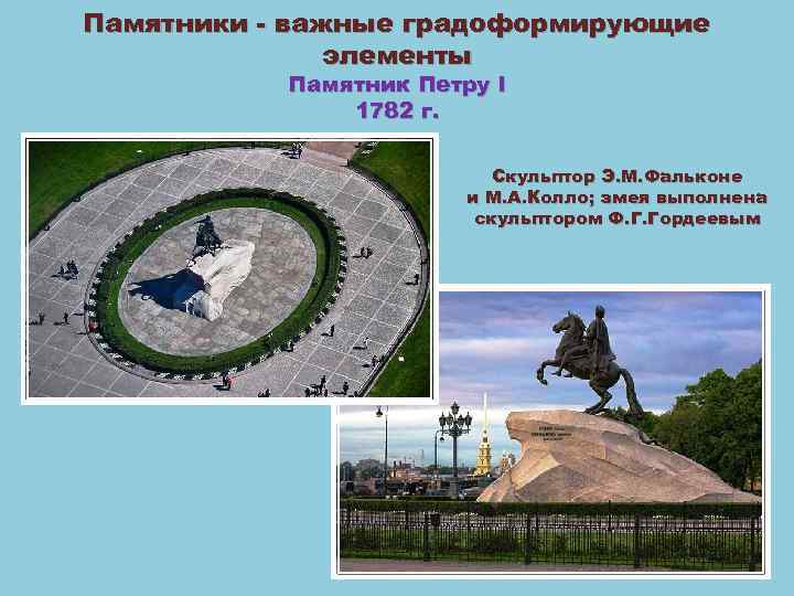 Памятники - важные градоформирующие элементы Памятник Петру I 1782 г. Скульптор Э. М. Фальконе