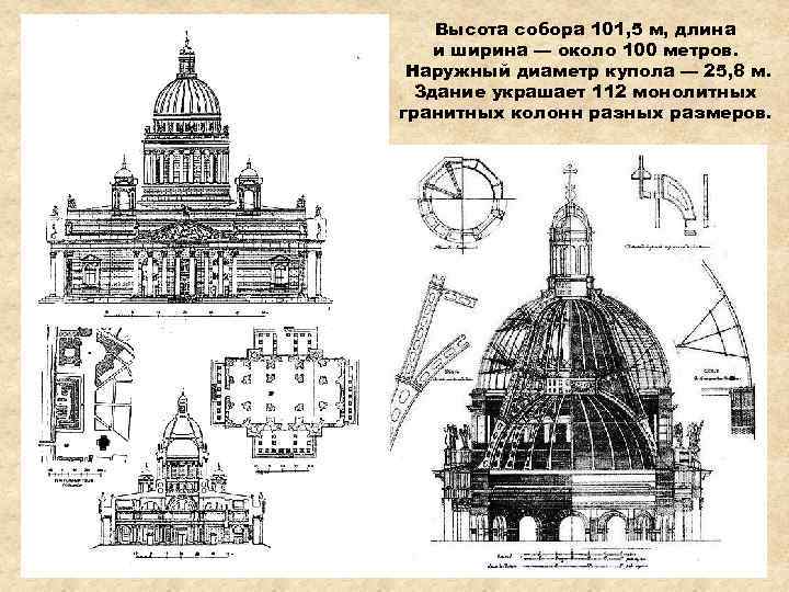 Высота собора 101, 5 м, длина и ширина — около 100 метров. Наружный диаметр