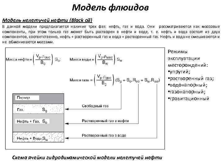 Модель флюидов Модель нелетучей нефти (Black oil) В данной модели предполагается наличие трех фаз: