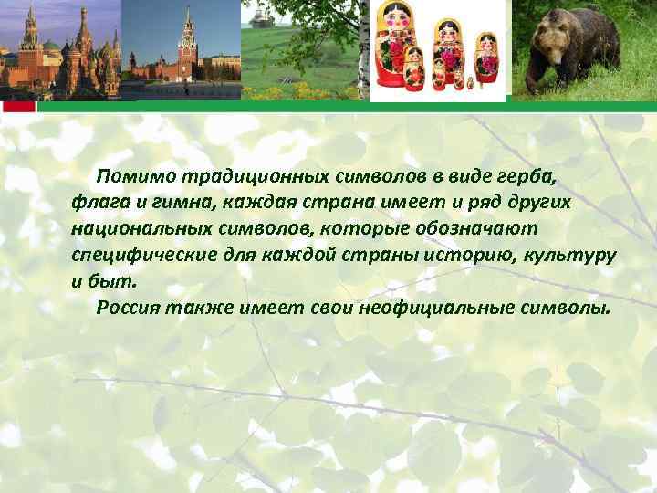 Помимо традиционных символов в виде герба, флага и гимна, каждая страна имеет и ряд
