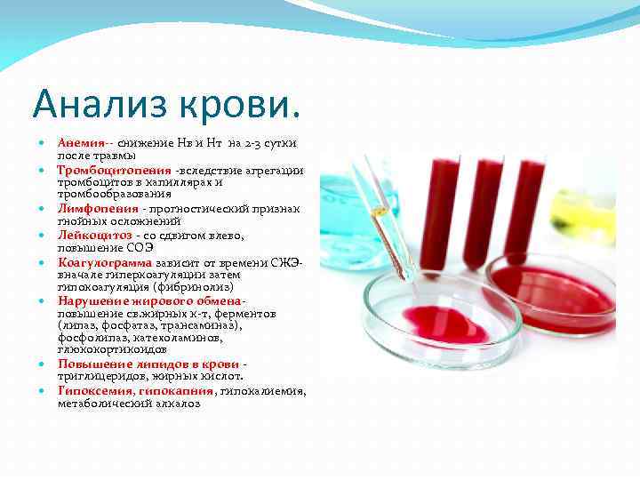 Анализ крови. Анемия-- снижение Нв и Нт на 2 -3 сутки после травмы Тромбоцитопения