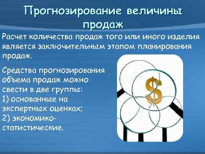 Прогнозирование величины продаж Расчет количества продаж того или иного изделия является заключительным этапом планирования