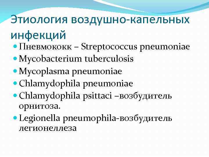 Этиология воздушно-капельных инфекций Пневмококк – Streptococcus pneumoniae Mycobacterium tuberculosis Mycoplasma pneumoniae Chlamydophila psittaci –возбудитель