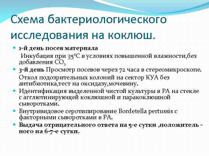 Схема бактериологического исследования на коклюш. 1 -й день посев материала Инкубация при 35°С в