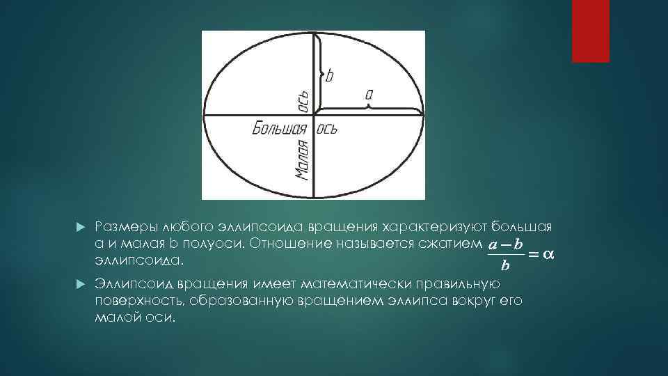  Размеры любого эллипсоида вращения характеризуют большая а и малая b полуоси. Отношение называется