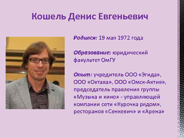 Кошель Денис Евгеньевич Родился: 19 мая 1972 года Образование: юридический факультет Ом. ГУ Опыт: