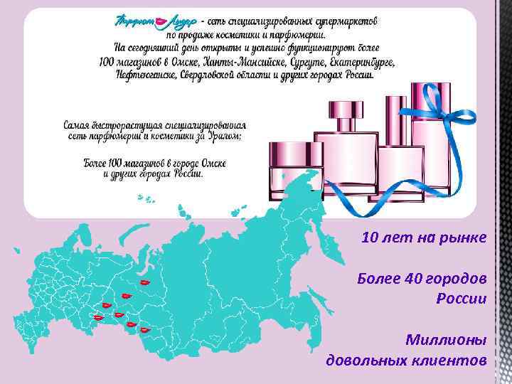 10 лет на рынке Более 40 городов России Миллионы довольных клиентов 