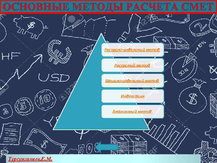 ОСНОВНЫЕ МЕТОДЫ РАСЧЕТА СМЕТ Ресурсно-индексный метод Ресурсный метод Базисно-индексный метод Индексация Аналоговый метод Турсунгалиев.