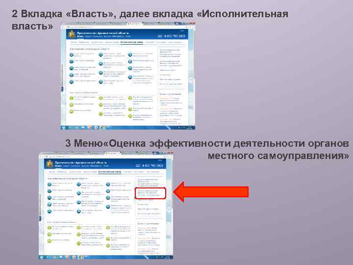 2 Вкладка «Власть» , далее вкладка «Исполнительная власть» 3 Меню «Оценка эффективности деятельности органов