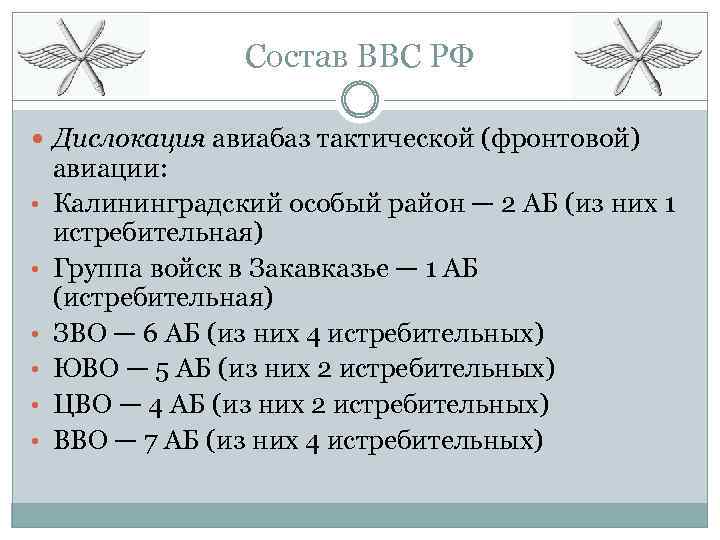 Состав ВВС РФ Дислокация авиабаз тактической (фронтовой) • • • авиации: Калининградский особый район