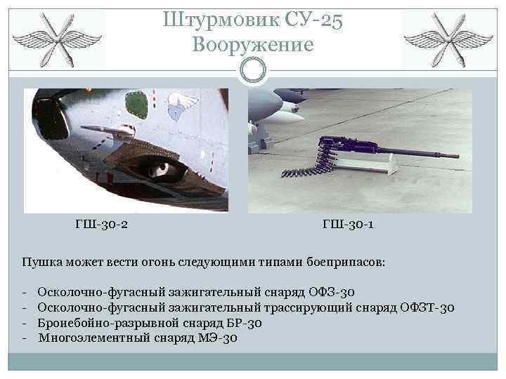 Штурмовик СУ-25 Вооружение ГШ-30 -2 ГШ-30 -1 Пушка может вести огонь следующими типами боеприпасов: