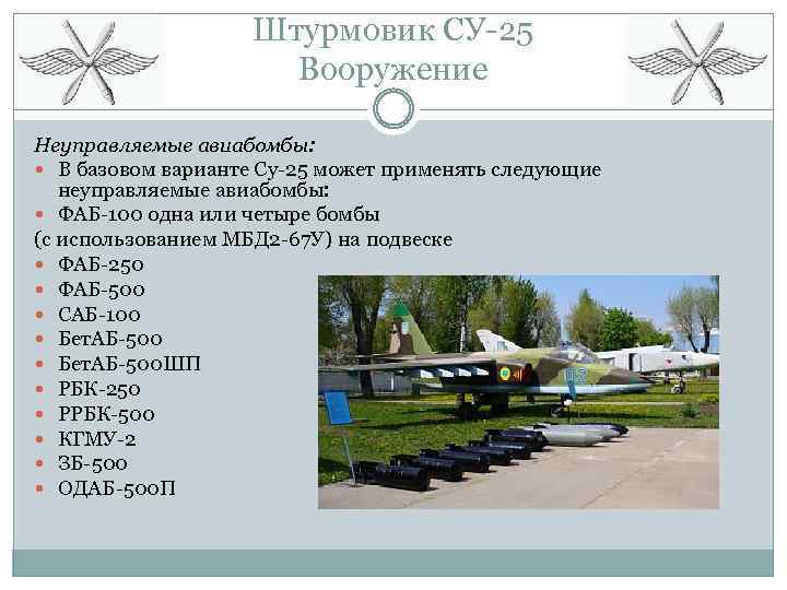 Штурмовик СУ-25 Вооружение Неуправляемые авиабомбы: В базовом варианте Су-25 может применять следующие неуправляемые авиабомбы:
