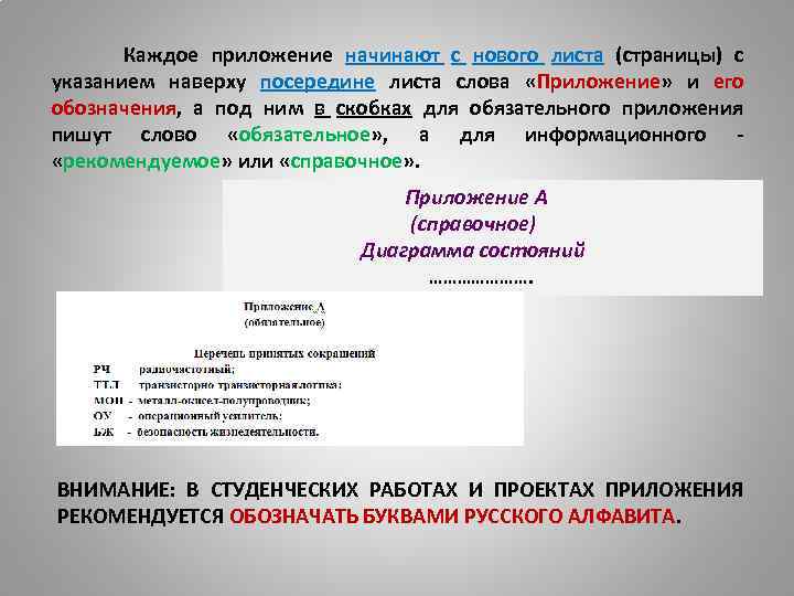  Каждое приложение начинают с нового листа (страницы) с указанием наверху посередине листа слова