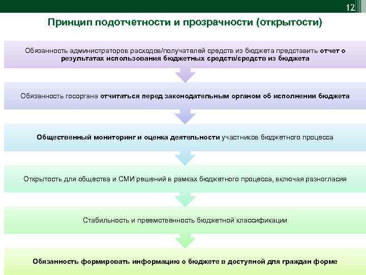 12 Принцип подотчетности и прозрачности (открытости) Обязанность администраторов расходов/получателей средств из бюджета представить отчет