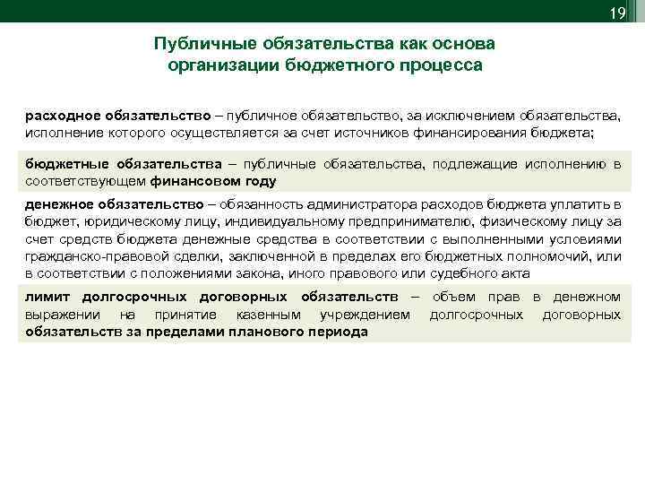 19 Публичные обязательства как основа организации бюджетного процесса расходное обязательство – публичное обязательство, за