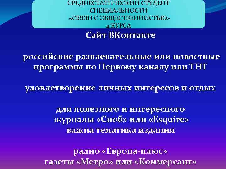 СРЕДНЕСТАТИЧЕСКИЙ СТУДЕНТ СПЕЦИАЛЬНОСТИ «СВЯЗИ С ОБЩЕСТВЕННОСТЬЮ» 4 КУРСА Сайт ВКонтакте российские развлекательные или новостные