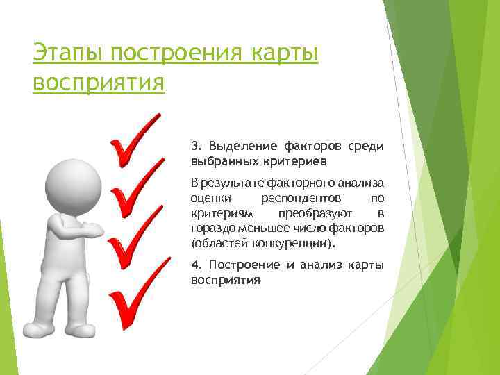 Этапы построения карты восприятия 3. Выделение факторов среди выбранных критериев В результате факторного анализа