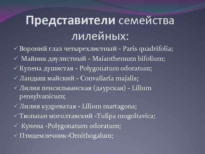 Представители семейства лилейных: ü Вороний глаз четырехлистный - Paris quadrifolia; ü Майник двулистный -