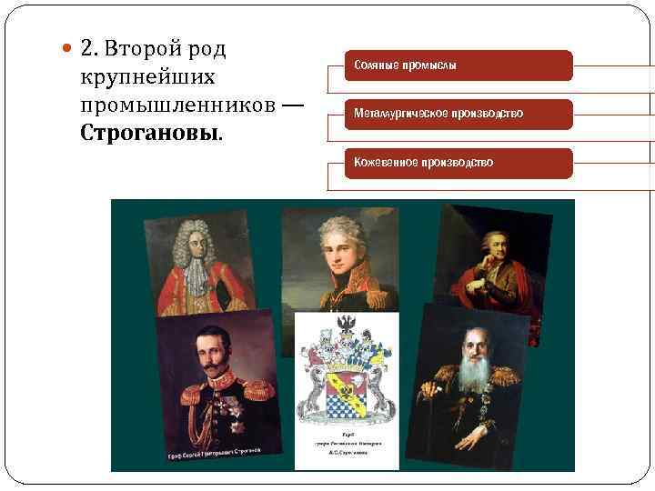  2. Второй род крупнейших промышленников — Строгановы. Соляные промыслы Металлургическое производство Кожевенное производство