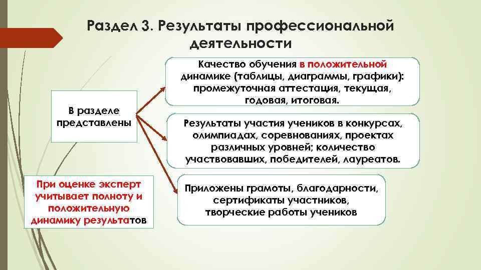 Раздел 3. Результаты профессиональной деятельности В разделе представлены При оценке эксперт учитывает полноту и