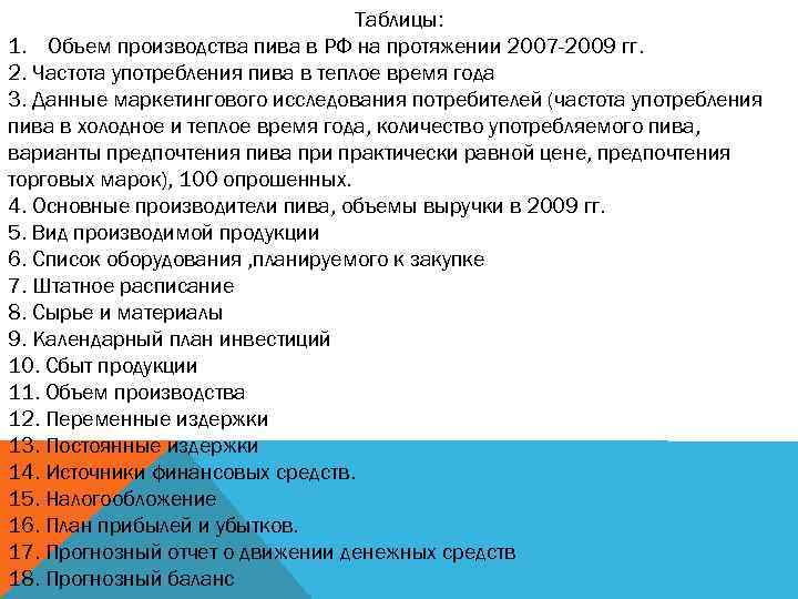Таблицы: 1. Объем производства пива в РФ на протяжении 2007 -2009 гг. 2. Частота