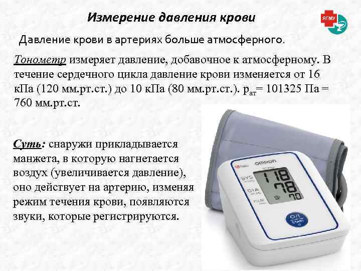 Измерение давления крови Давление крови в артериях больше атмосферного. Тонометр измеряет давление, добавочное к