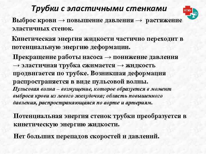 Трубки с эластичными стенками Выброс крови → повышение давления → растяжение эластичных стенок. Кинетическая