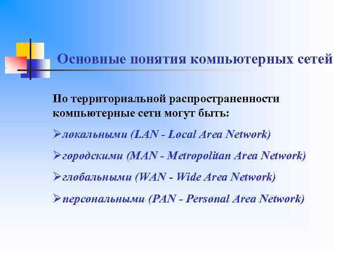 Основные понятия компьютерных сетей По территориальной распространенности компьютерные сети могут быть: Øлокальными (LAN -