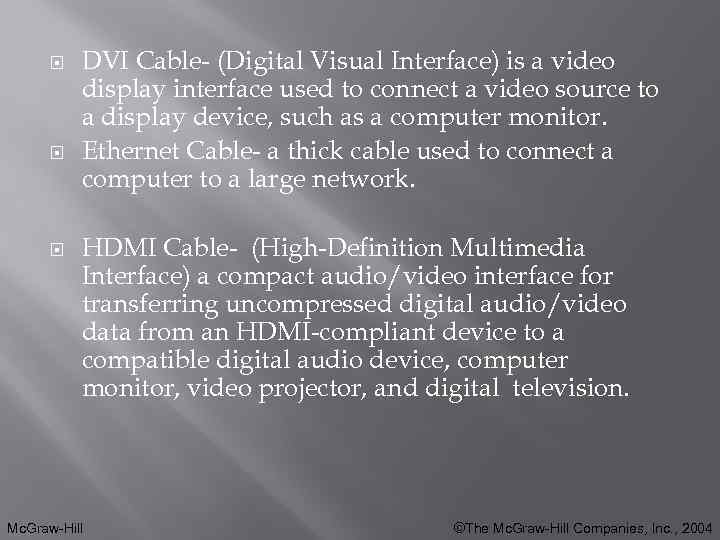  DVI Cable- (Digital Visual Interface) is a video display interface used to connect