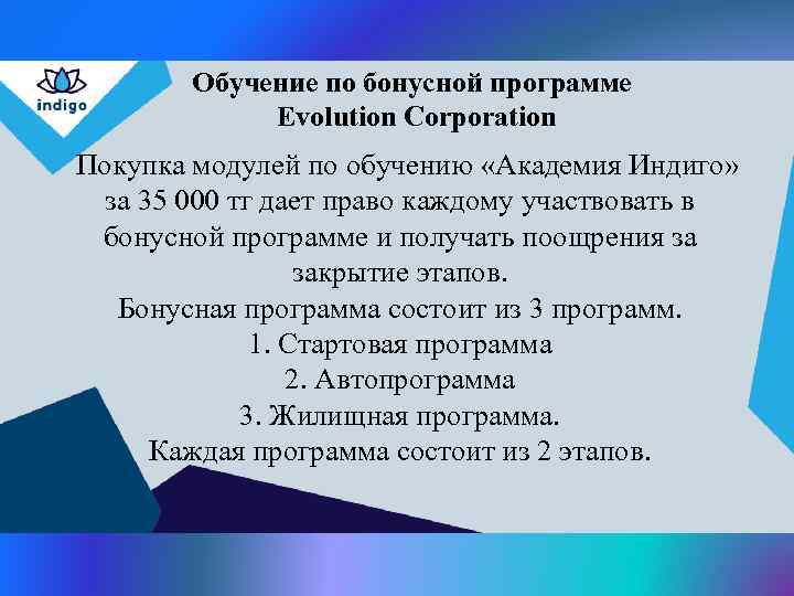 Обучение по бонусной программе Evolution Corporation Покупка модулей по обучению «Академия Индиго» за 35