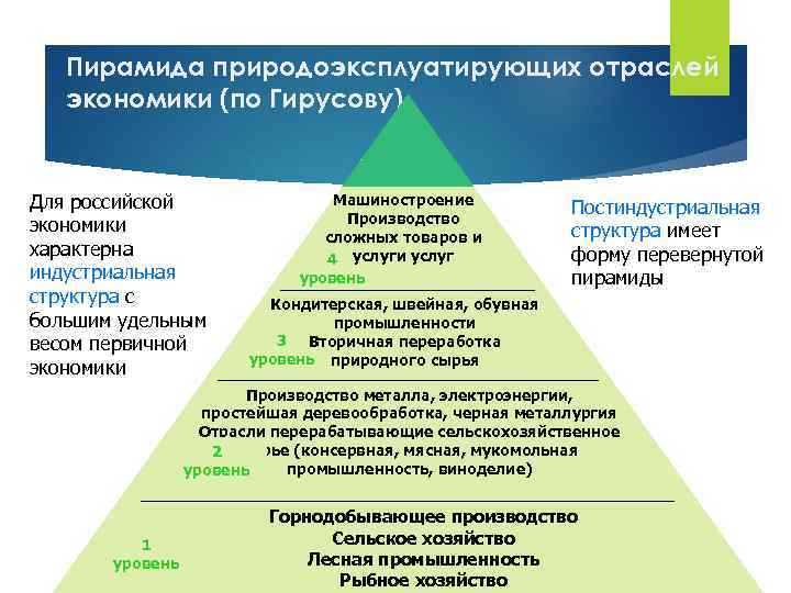 Пирамида природоэксплуатирующих отраслей экономики (по Гирусову) Для российской экономики характерна индустриальная структура с большим